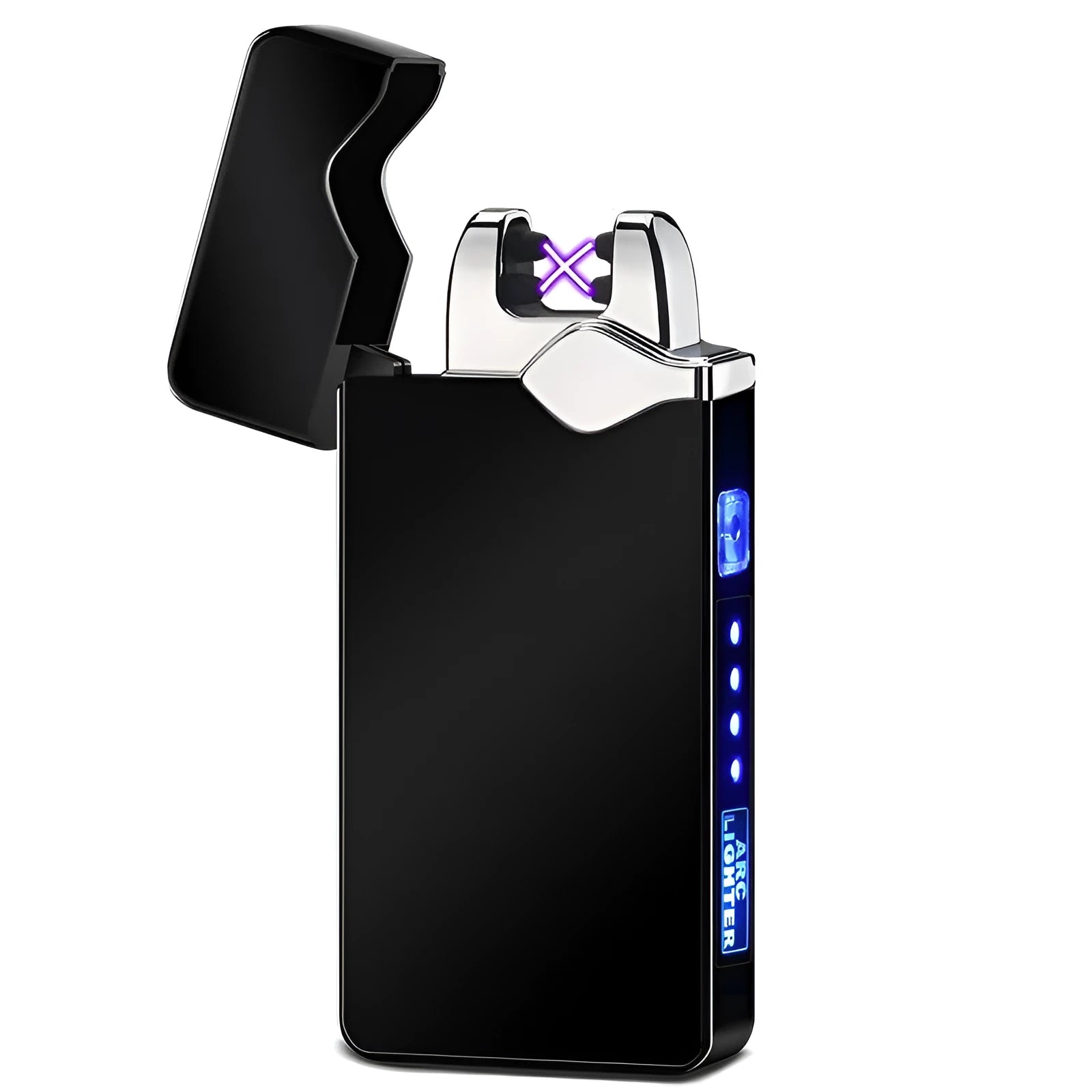 Rechargeable LED double arc lighter in zinc alloy with PVD ice plating finish, black colour option