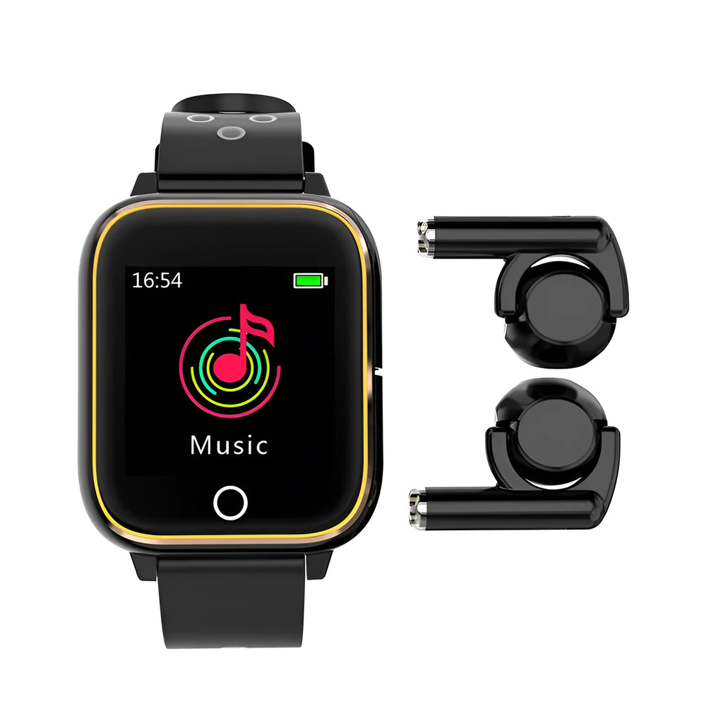 Black smart watch with integrated Bluetooth earbuds showing 1.4 inch display with heart rate data