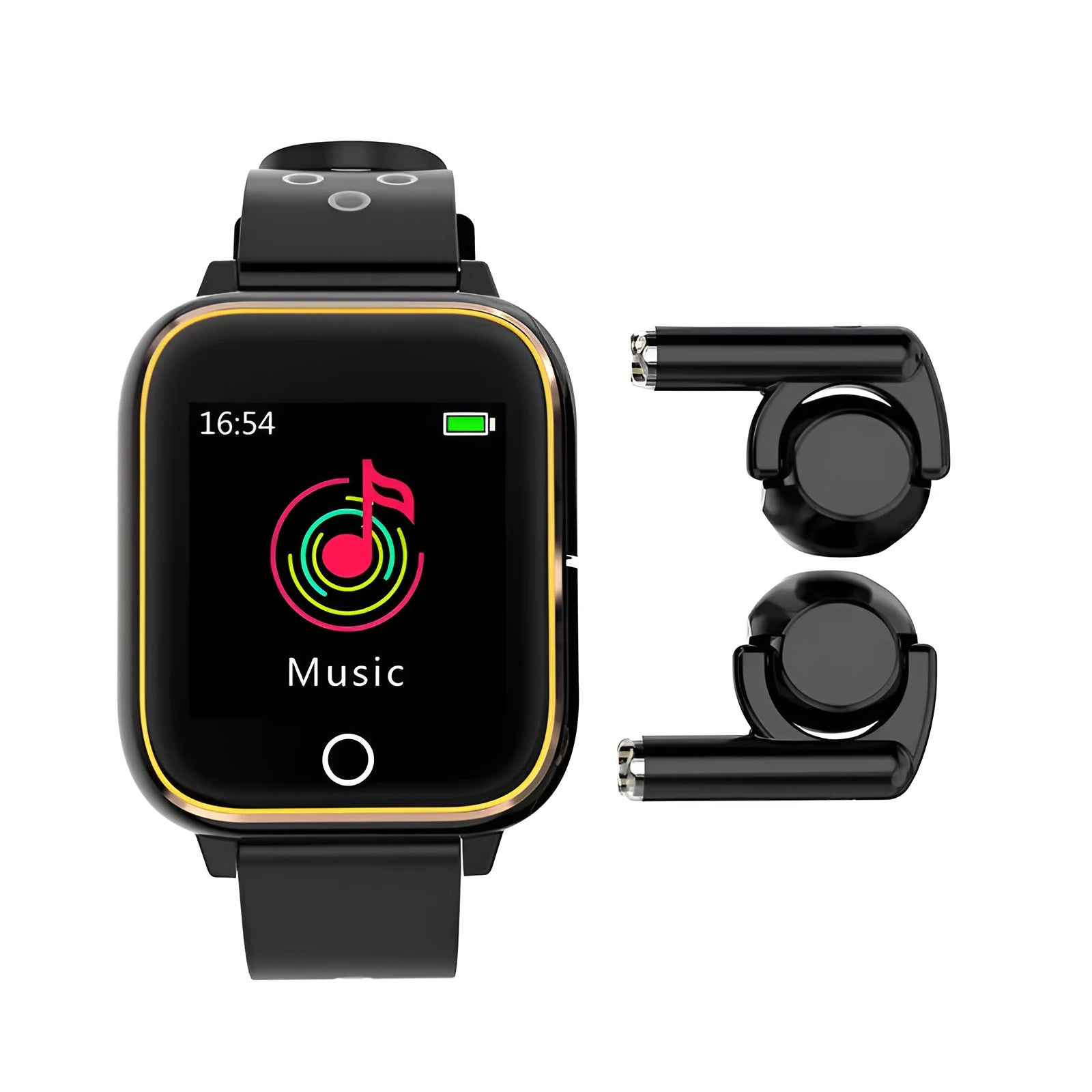 Black smart watch with integrated Bluetooth earbuds showing 1.4 inch display with heart rate data
