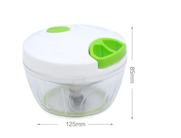 Green manual kitchen chopper shredder with three stainless steel blades and 500ml capacity container