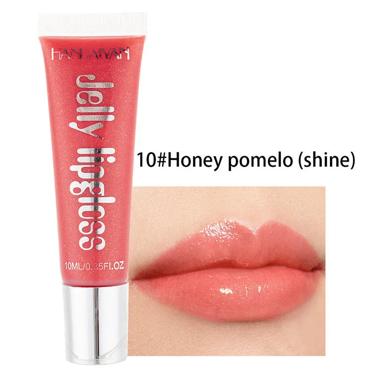 Jelly glass moisturising lip gloss tube in Pearl White shade with carton packaging and 12 colour options