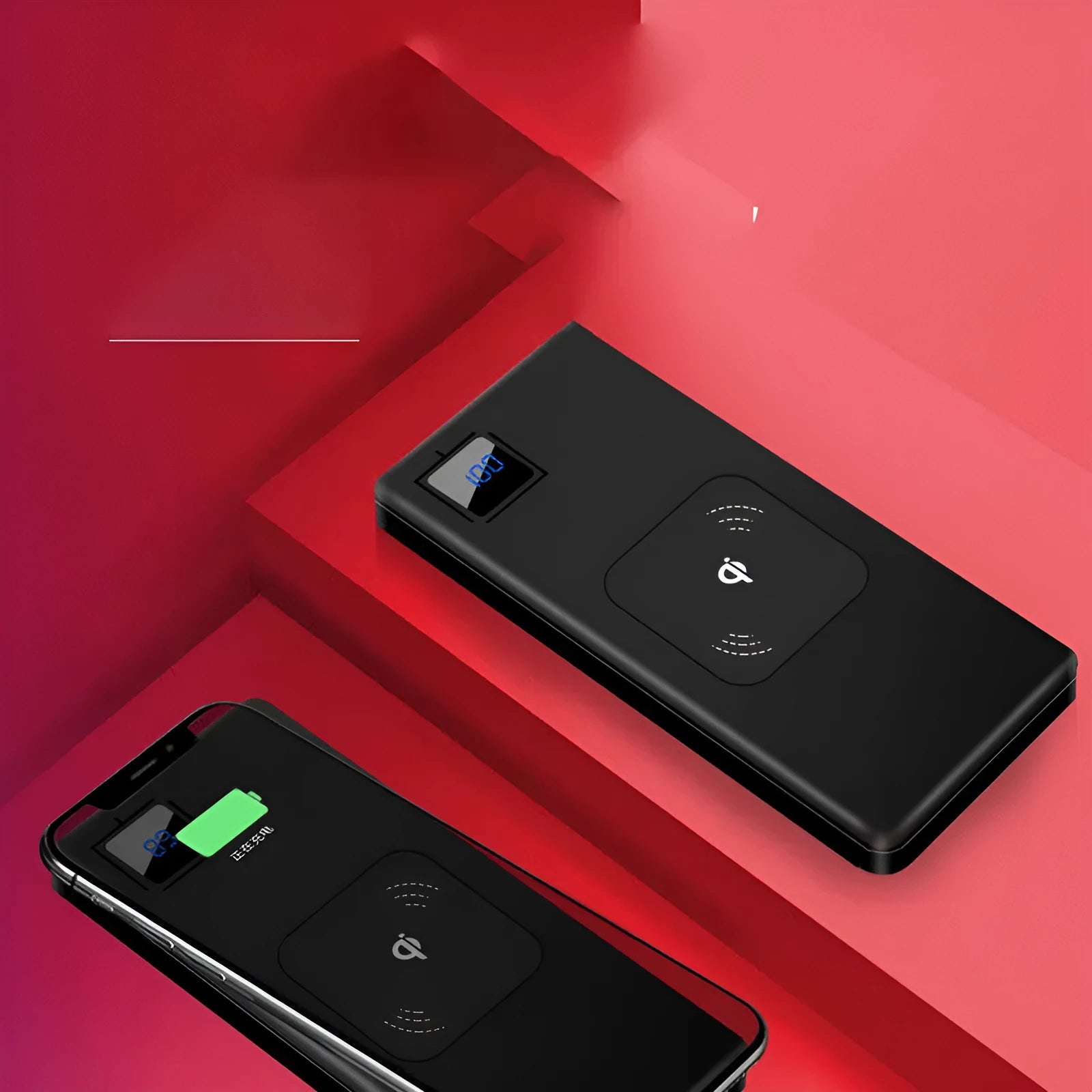 Alloy-cased portable power bank with LCD display, shown in black, silver, red, and blue colours.