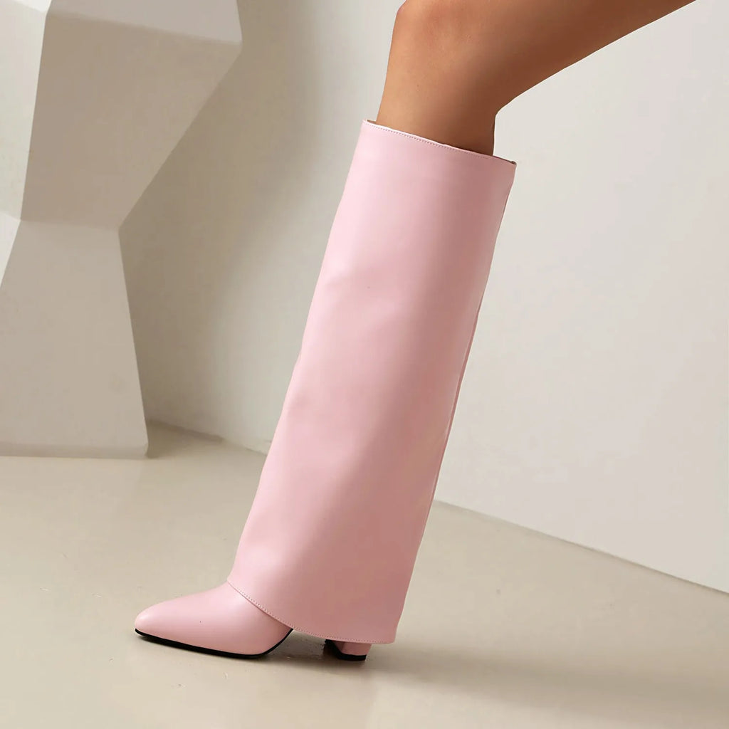 Women's plus size thick high heel boots in black synthetic PU with high cylinder sock length and sewing line detail