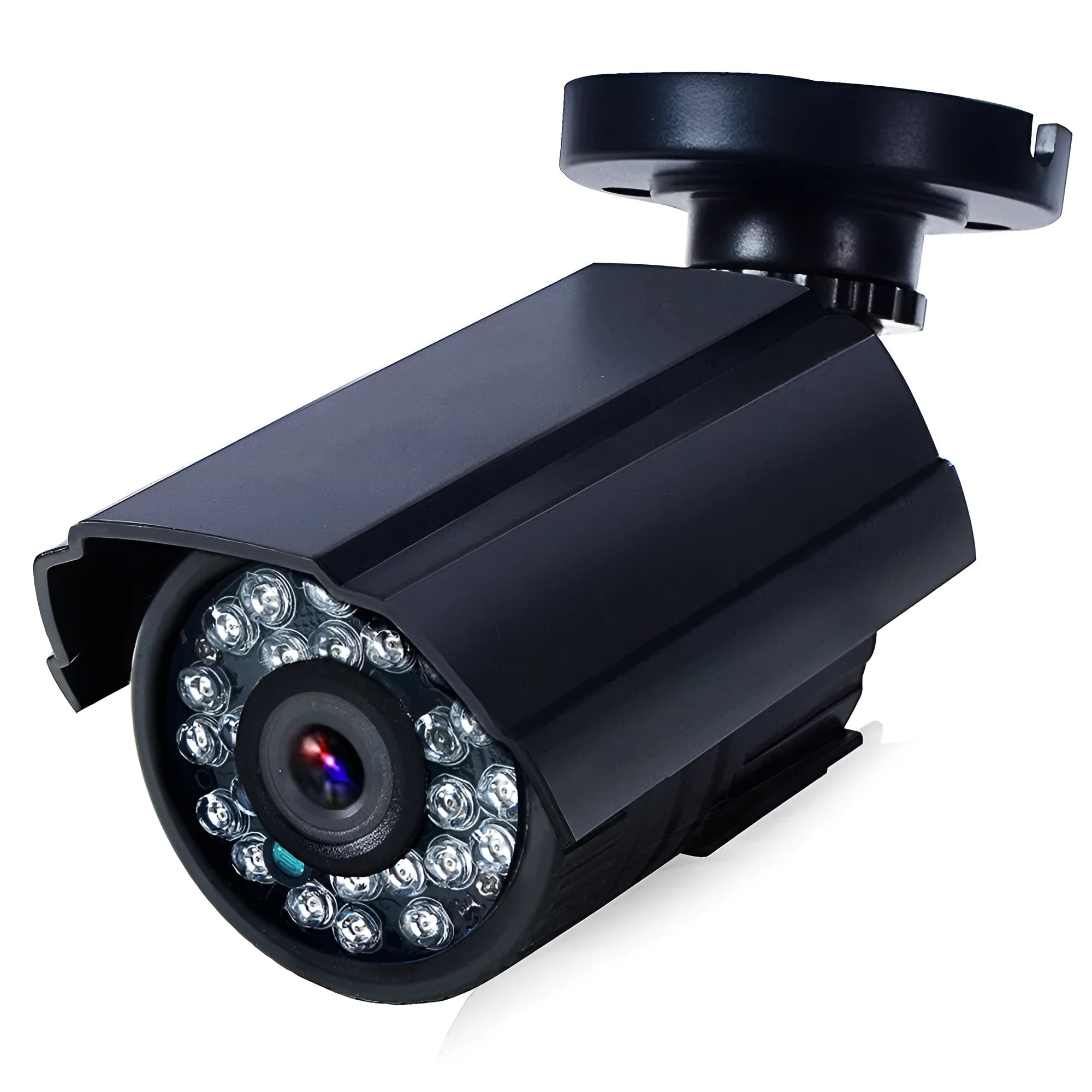Black HD waterproof outdoor security camera with infrared night vision.