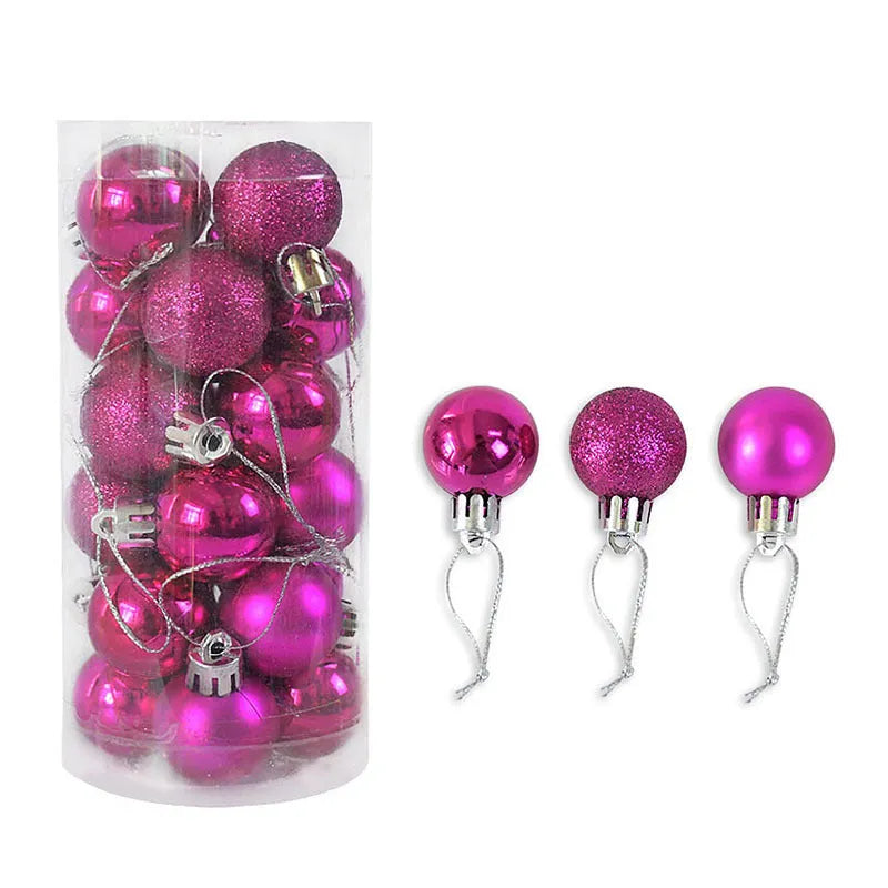 Assorted metallic gold, red, silver, and blue 3cm plastic Christmas bauble ornaments in a box.