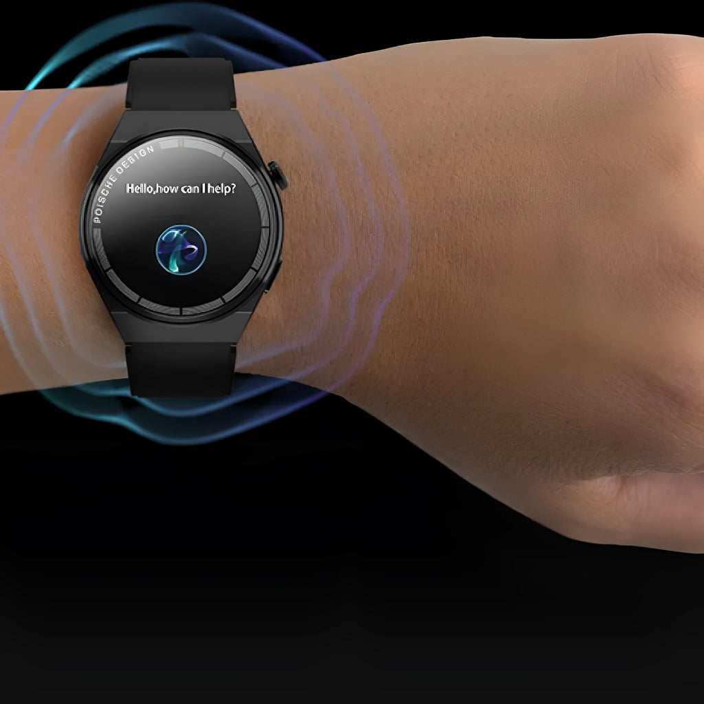 Black smartwatch with a circular 1.39-inch screen on a silicone strap, showing NFC and health icons.