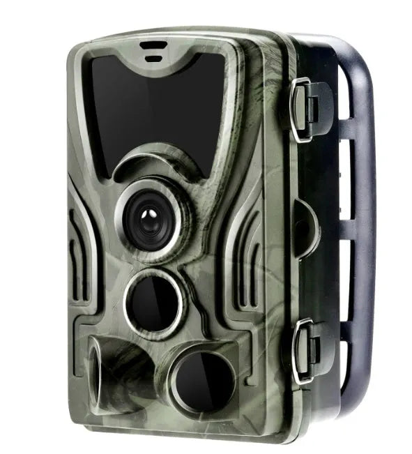 Green camouflage trail camera with 16MP sensor and IP65 waterproof rating for outdoor wildlife monitoring