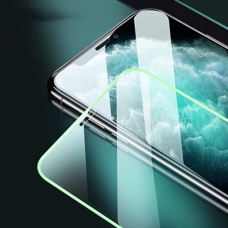 Luminous tempered glass screen protector for iPhone glowing in dark with full cover edge protection