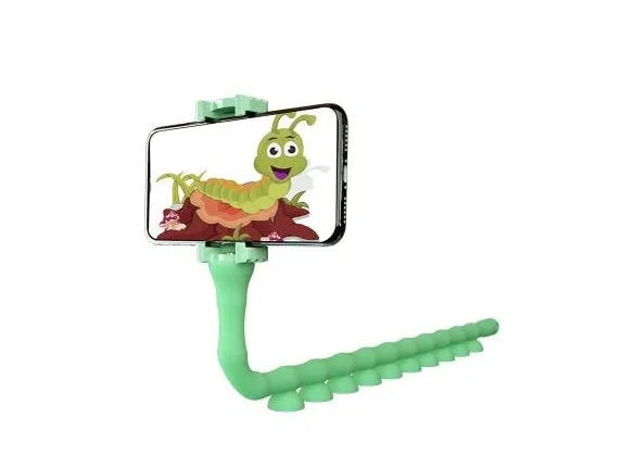 Flexible black rubber phone holder with suction cup wrapped around a bicycle handlebar, showing a phone mounted at an angle.