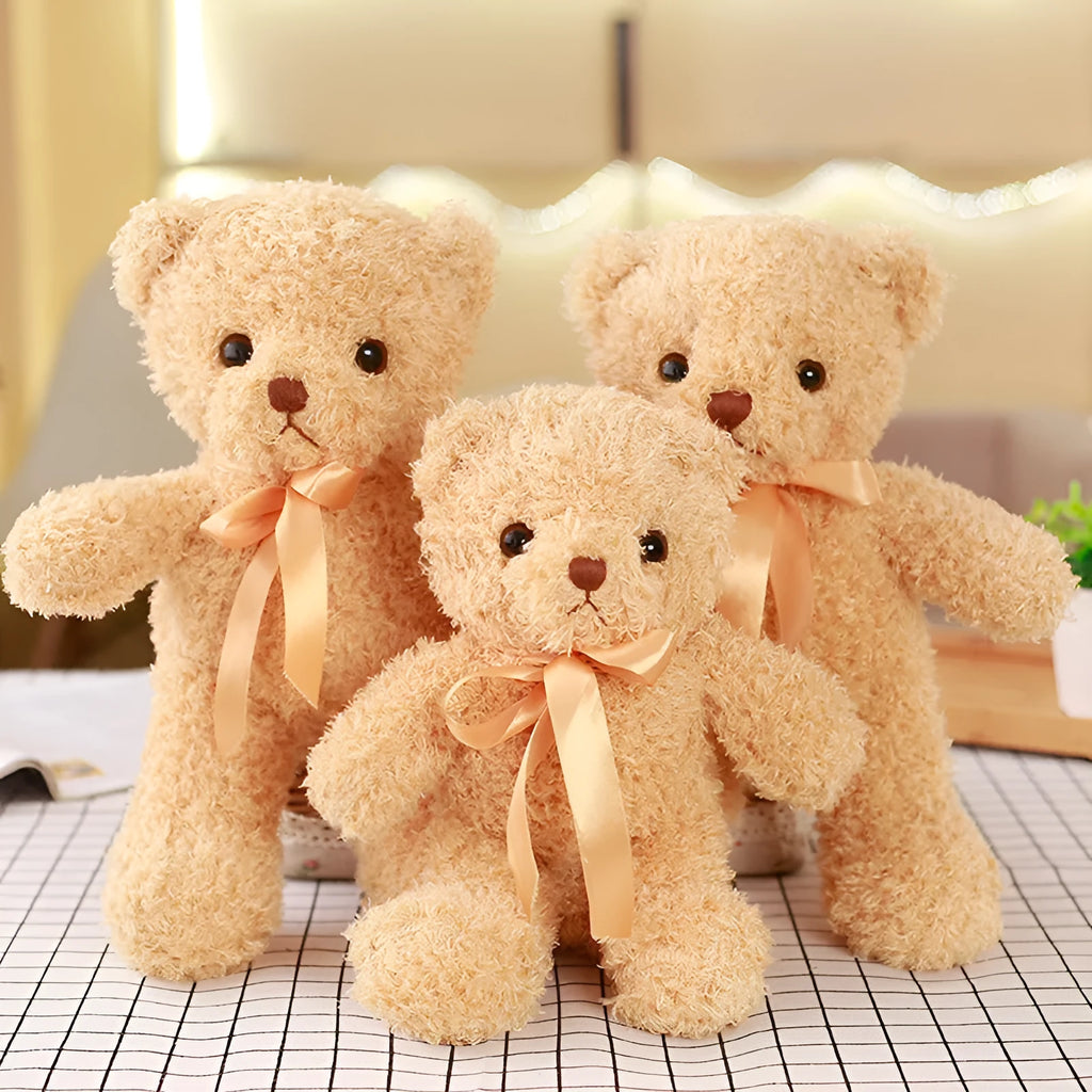 Yellow plush bear toy 30cm tall, made of soft fabric with PP cotton filling, standing upright on a plain background