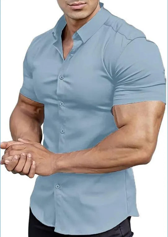 Men's short sleeve printed collar casual shirt in cardigan style, shown in multiple colour options.