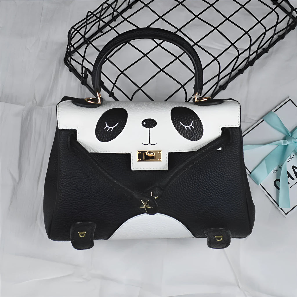Square panda print cow leather handbag in sweet lady style, shown in two size options.