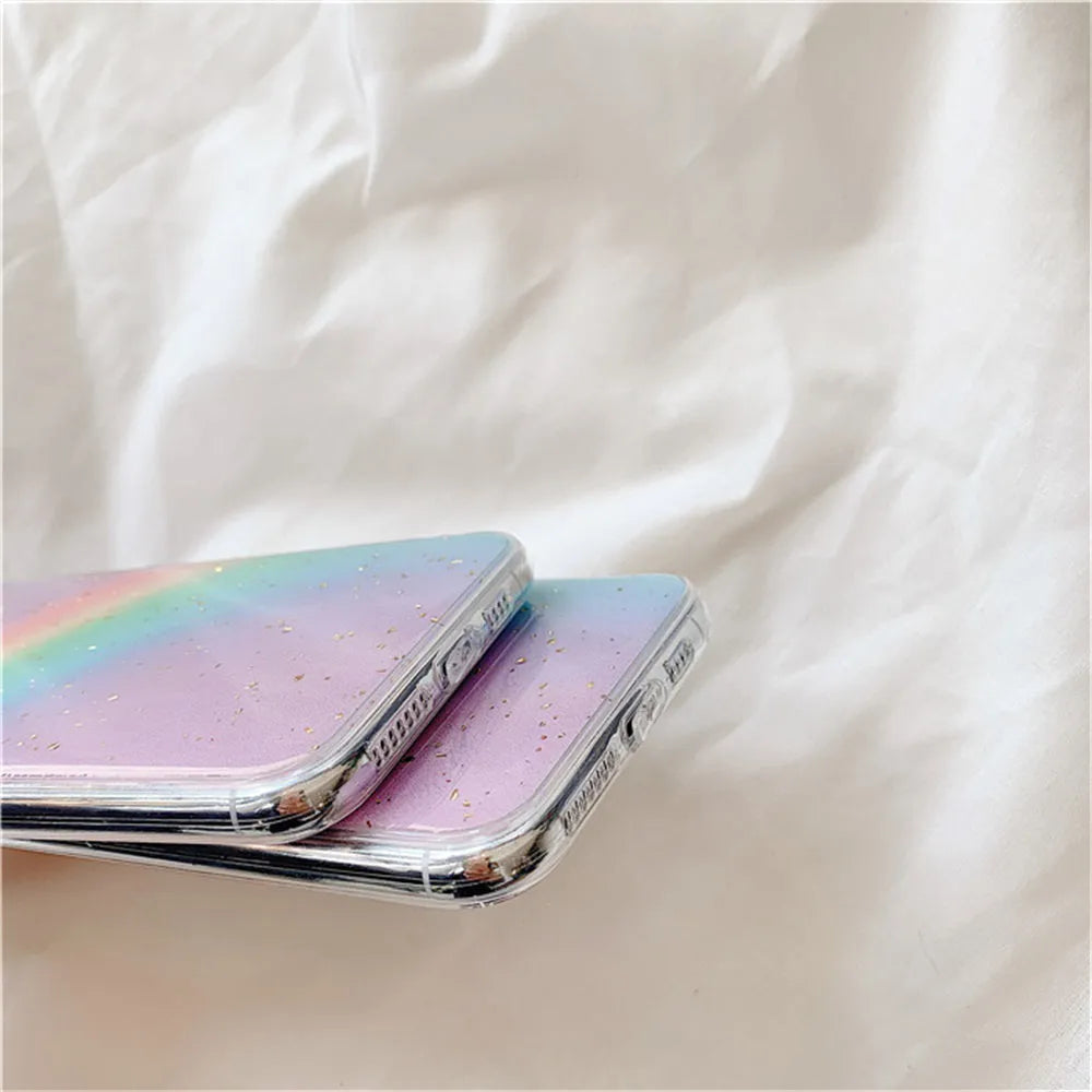 Rainbow gradient iPhone case with striped design for various models.