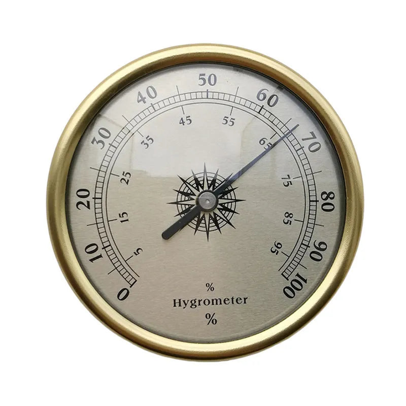 Analogue thermometer and hygrometer with aluminium outer ring and dial for indoor climate monitoring