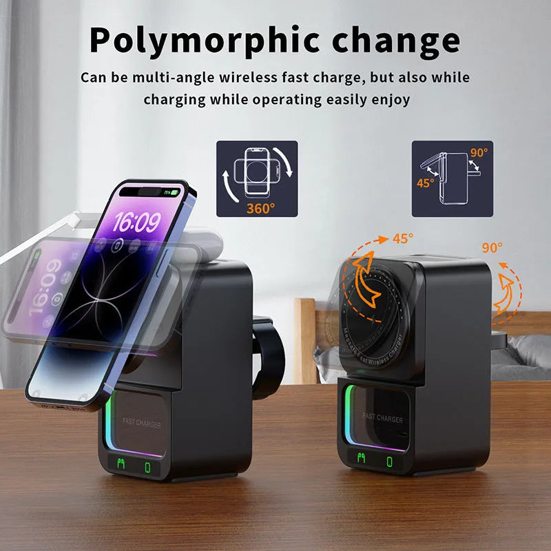 White and black 5-in-1 wireless charger Bluetooth speaker with magnetic charging support