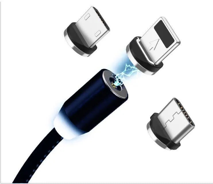 YBD magnetic LED charging cable with cotton braided cord and aluminium connectors in black