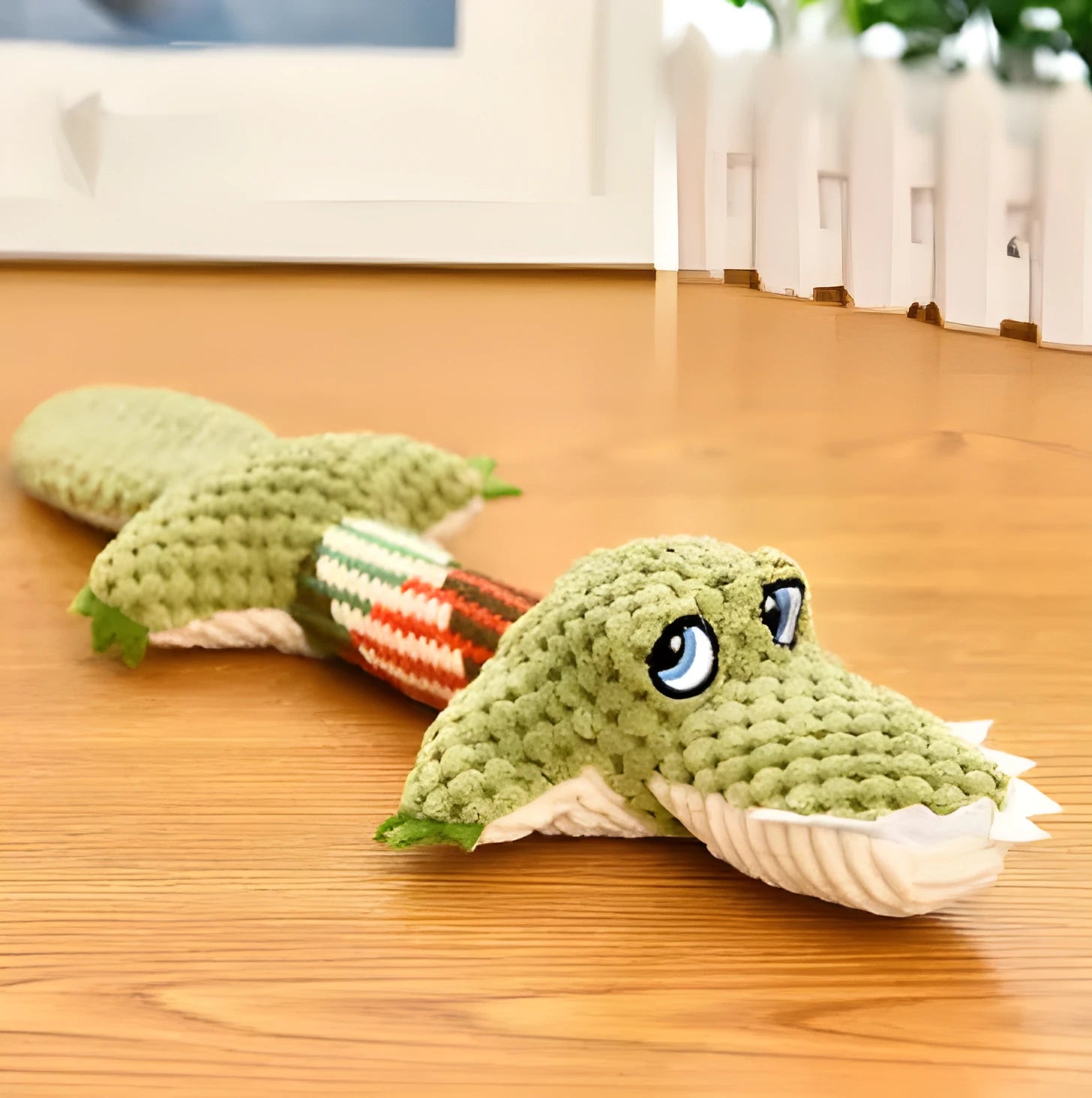 Set of two plush dog toys: crocodile and long-tailed fox made from polyester with squeakers