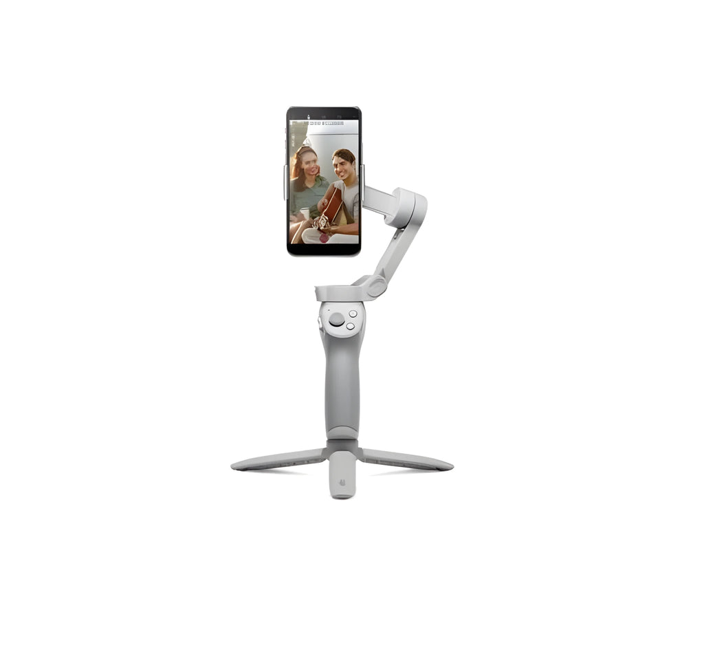 Silver and black magnetic PTZ gimbal for smartphones showing magnetic phone mount and control buttons.