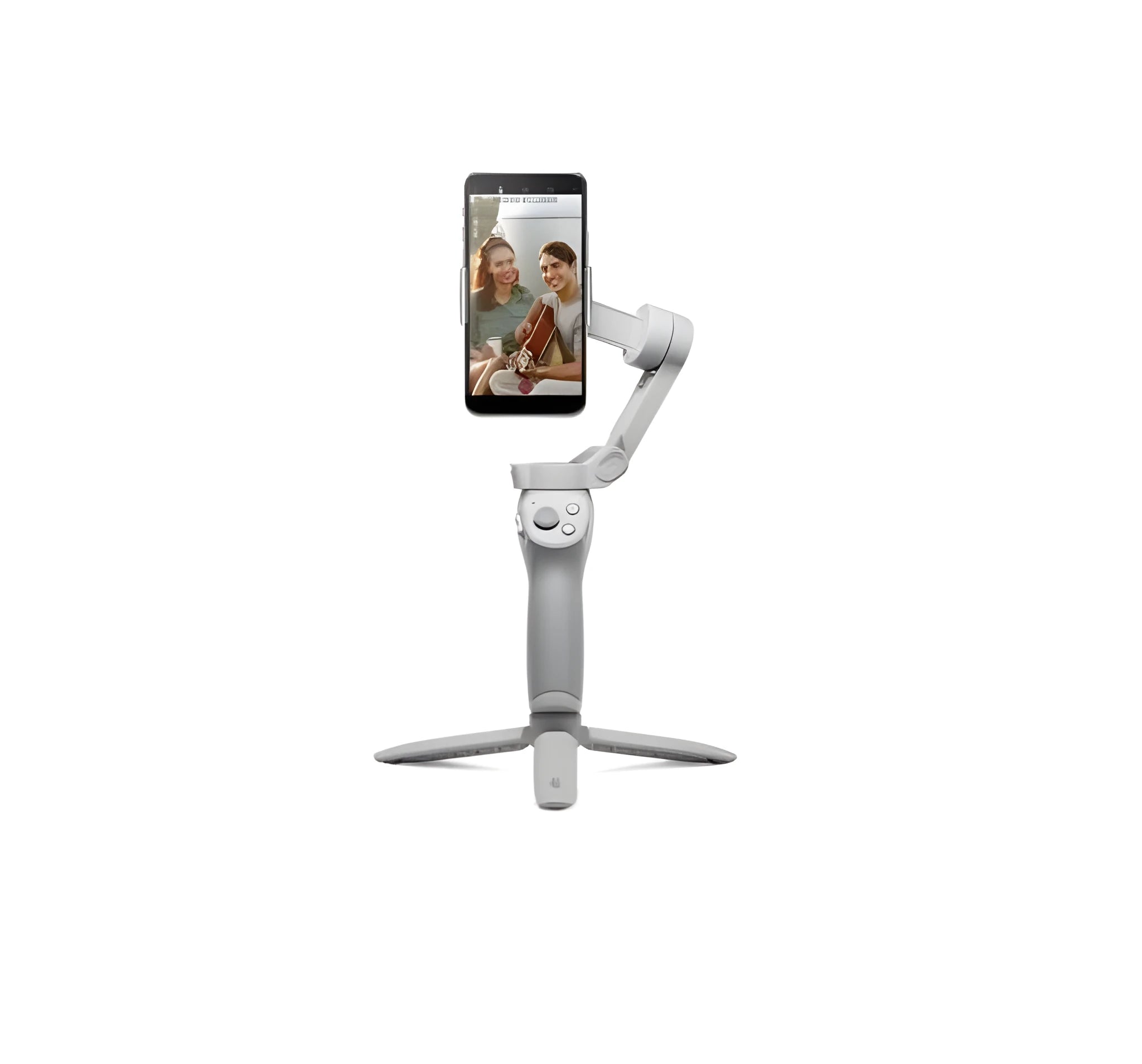 Silver and black magnetic PTZ gimbal for smartphones showing magnetic phone mount and control buttons.