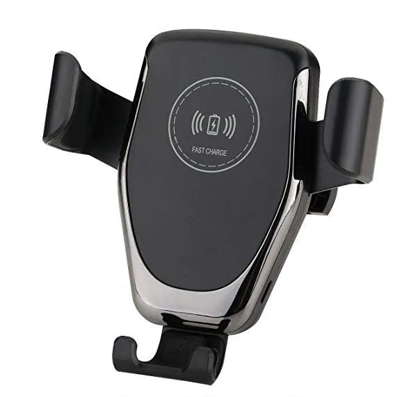 Black car wireless phone charger mounted on a vehicle vent, holding an iPhone.