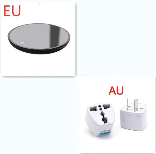Black dual-temperature coffee mug warmer with low/high switch on a desk.