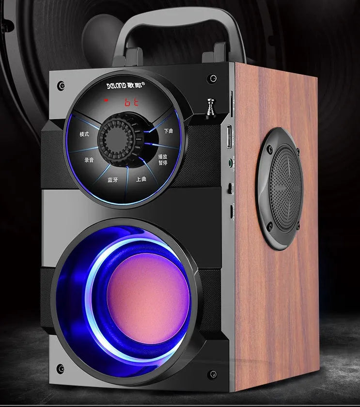Black portable mini audio system with subwoofer, USB power cable and 3.5mm audio connection