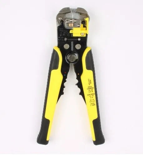 Yellow automatic wire stripper crimping plier tool with adjustment screw for 10-24 AWG cables