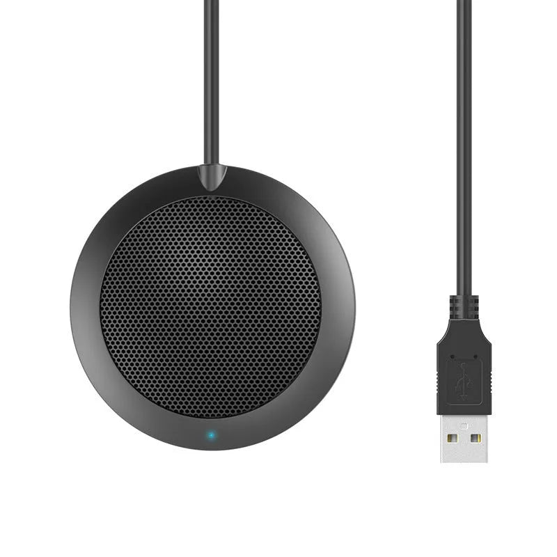Black USB desktop microphone with metal mesh cover and 70mm diameter design for computer audio recording