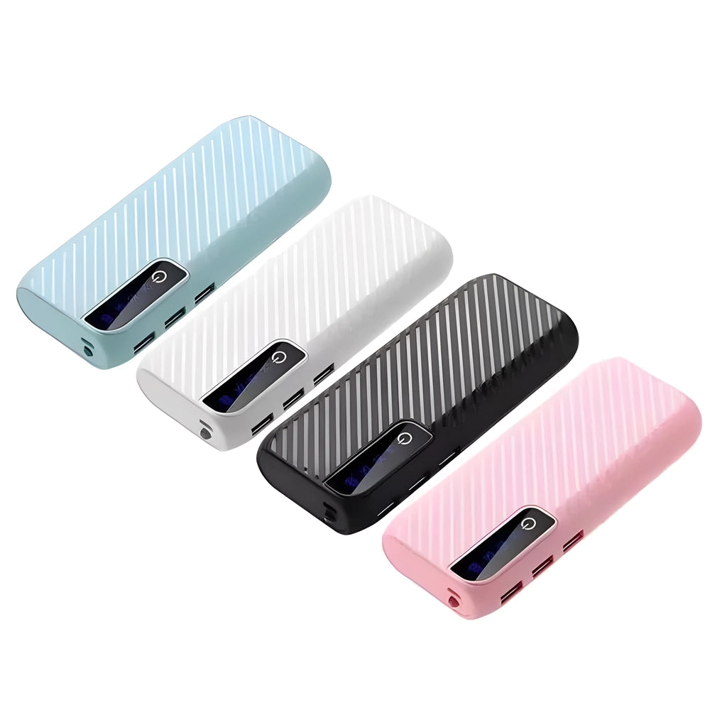 20000mAh portable power bank with dual USB ports in black, blue, pink, or white colours