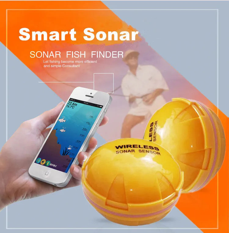 Yellow wireless sonar fish finder floating on water, 68x68x50cm, 125kHz, 36m depth range