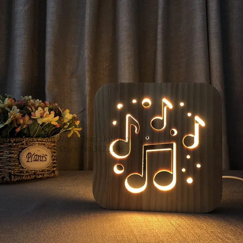 Square wooden LED atmosphere lamp with warm white glow and USB power cable