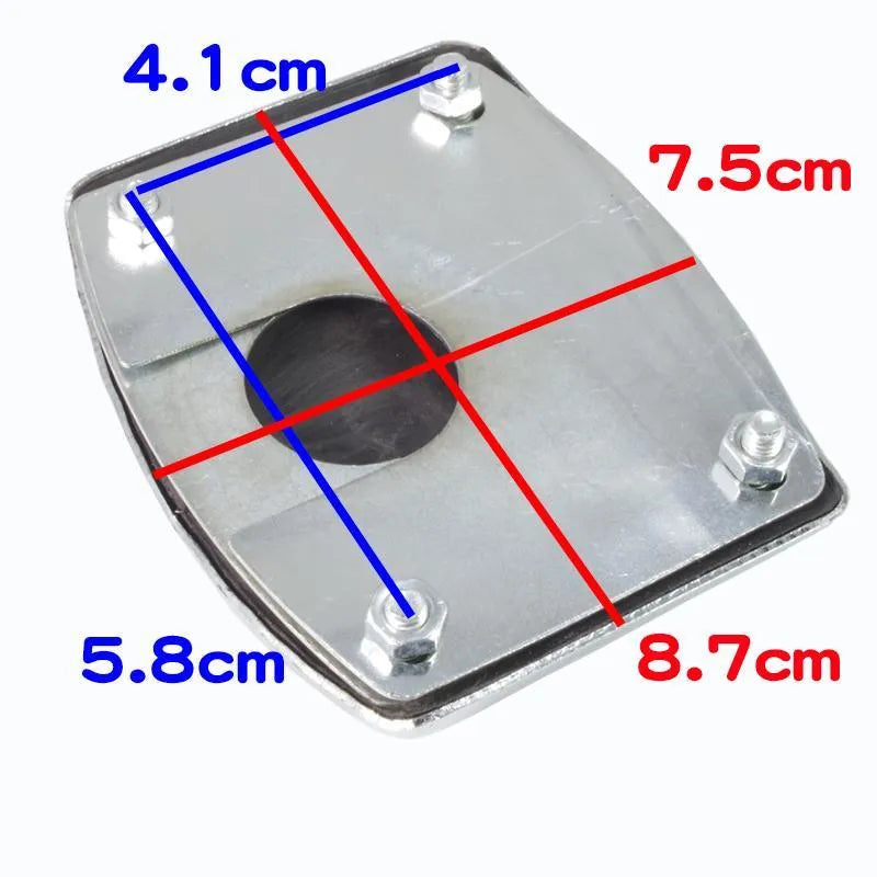Metal motorcycle brake pedal skid plate kit showing three pedal designs: foot pedal, square foot pedal, and small brake plate