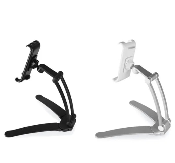 Silver aluminum alloy tablet stand with white mount holding tablet at adjustable angle