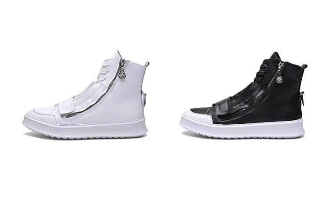 Men's black and white winter ankle boots with high-top sneaker design and PU leather microfiber upper