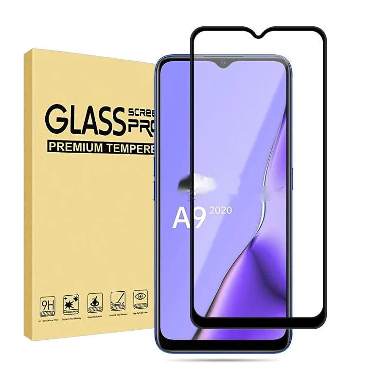 OPPO A9 2020 full screen tempered glass protector in black with anti-fingerprint coating