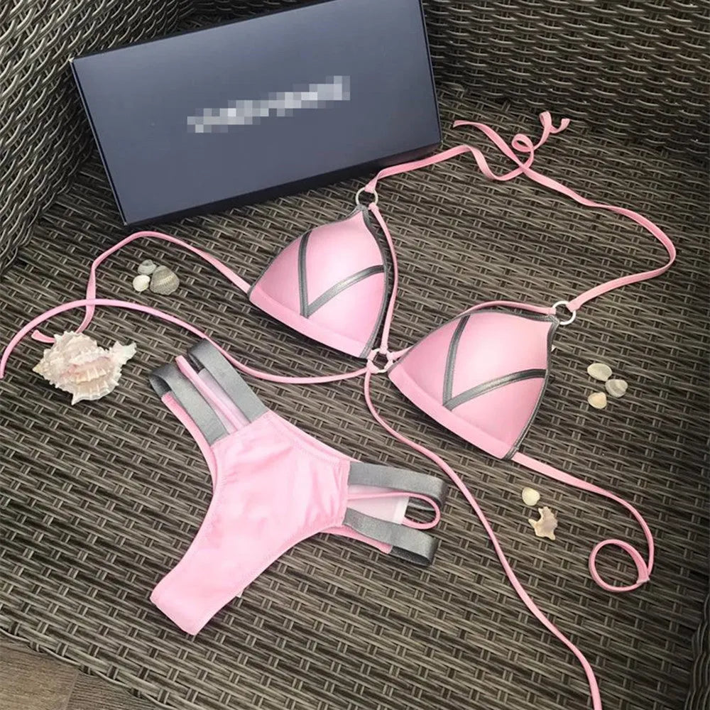 Women's bronzing bikini swimsuit with padded cups, shown in multiple colour and print options including leopard and snakeskin.