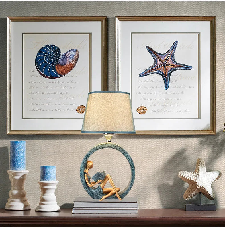 Blue cloth lampshade reading table lamp on desk with resin base, 20x39.8cm, E27 socket
