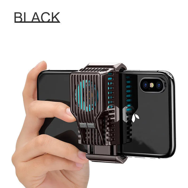 Black mobile phone radiator with aluminium alloy and ceramic cooling plate attached to smartphone