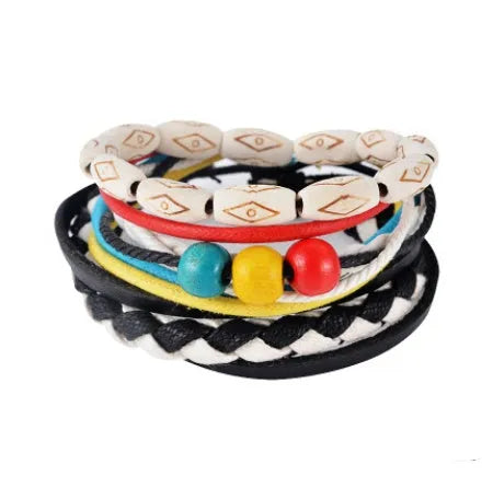 Handmade adjustable leather bracelet with wooden beads and multi-layer wrap design