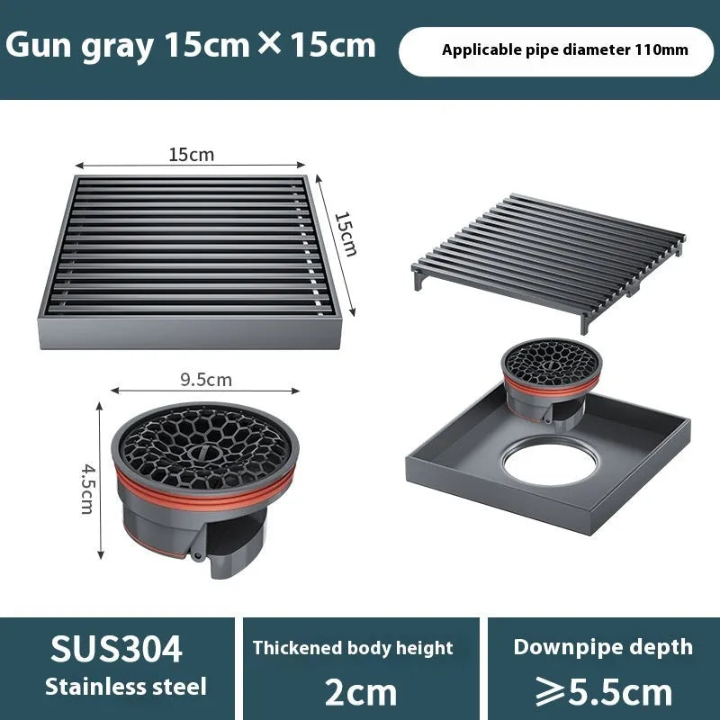 Gun grey 304 stainless steel courtyard deodorant floor drain with a 15x15cm ABS plastic core.
