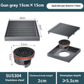 Gun grey 304 stainless steel courtyard deodorant floor drain with a 15x15cm ABS plastic core.