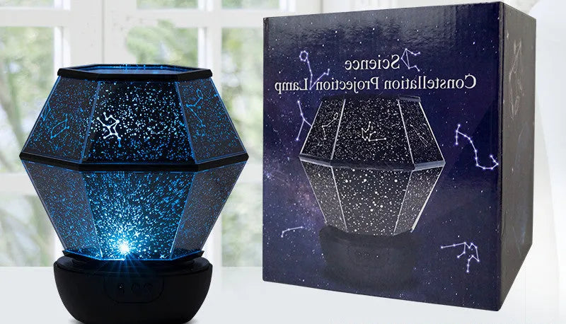 Children's rotating stars LED night light projecting coloured star patterns on bedroom wall
