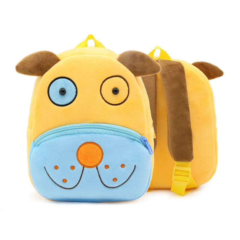 Children's plush animal backpack with zipper opening showing elephant design and dimensions 26x24x10cm