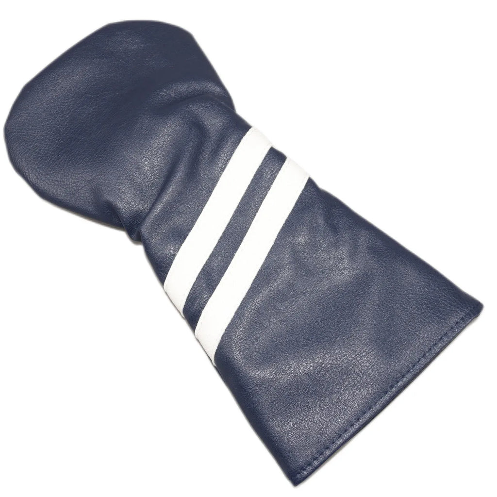 Golf club head cover with two oblique stripes in blue colour showing size dimensions