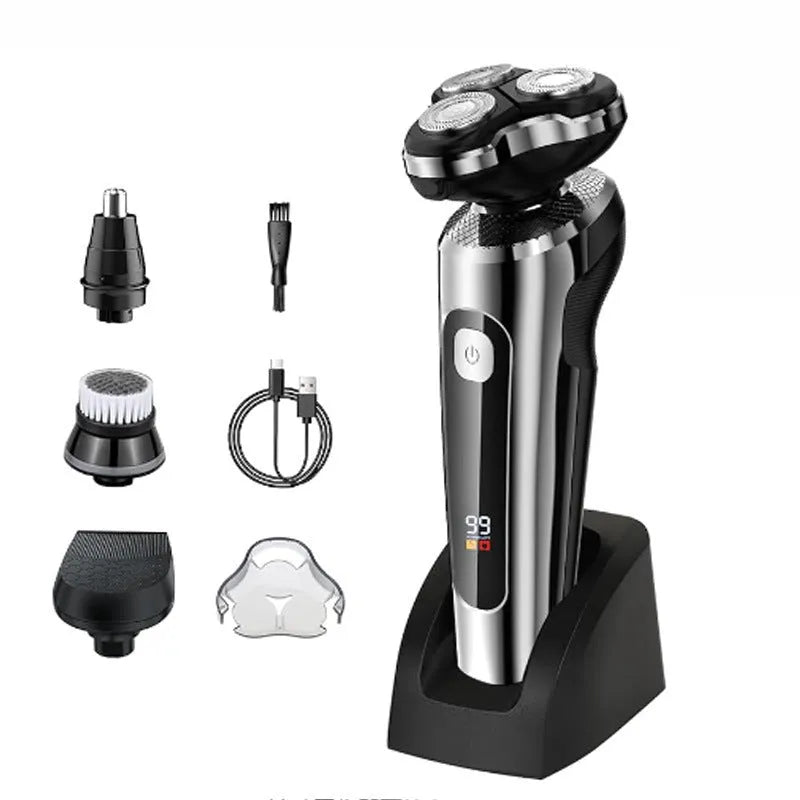 Digital display USB rechargeable beard scraper with washable floating cutter head on five-in-one base.