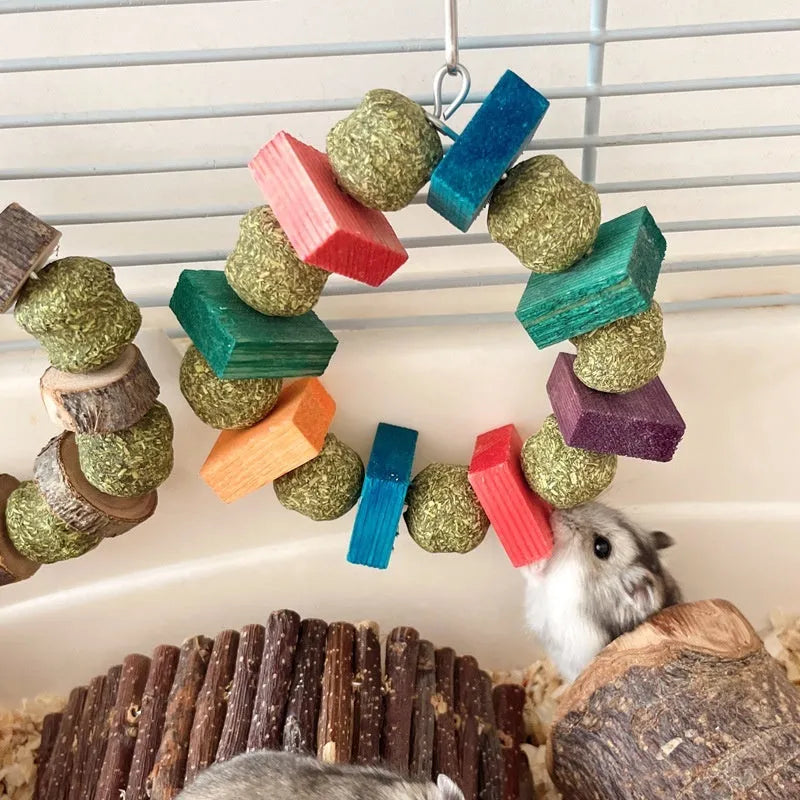 Hamster chew toy with applewood stick and decorative straw ball ring for small pets