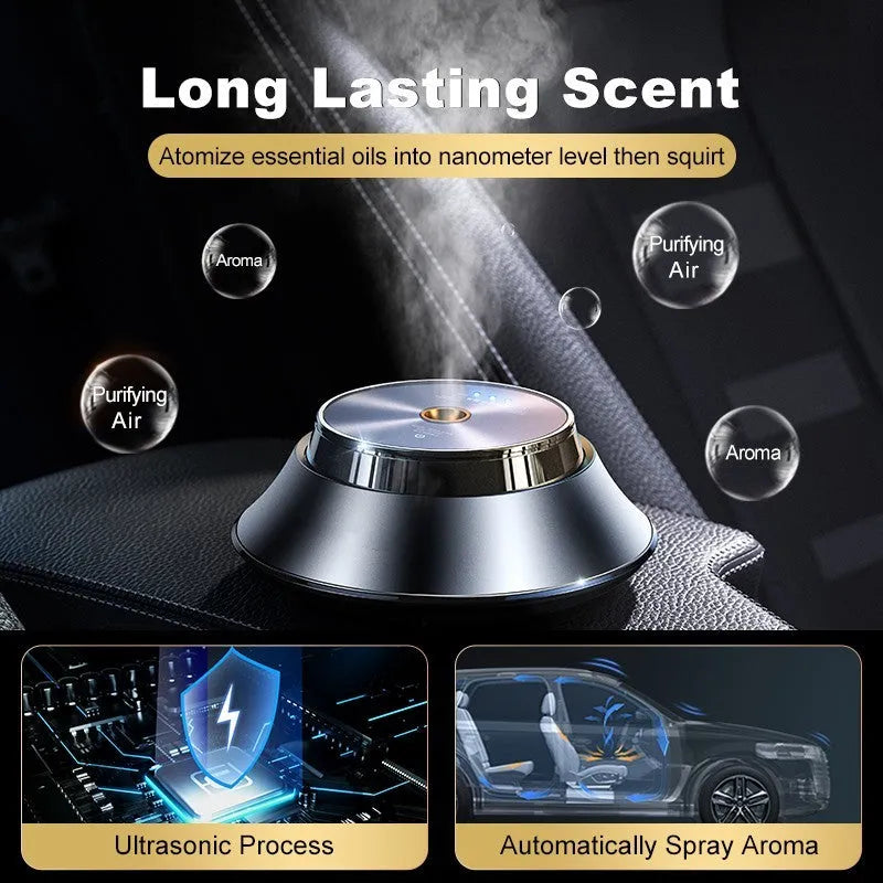 Black metal car air purifier with butterfly design, USB cable, and essential oil bottle.