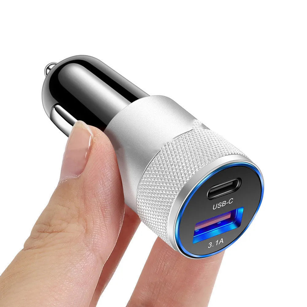 Aluminium alloy mobile phone car charger with ABS housing in black or black silver finish
