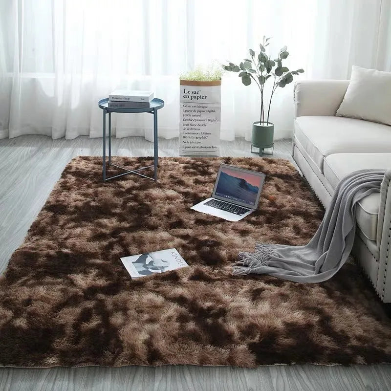 Long hair tie-dyed gradient polyester carpet in a living room setting showing soft texture and colour transition