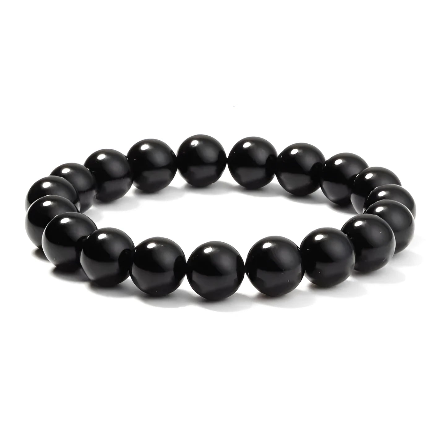 Geometric black agate beaded bracelet with 8mm stones on a black elastic cord.
